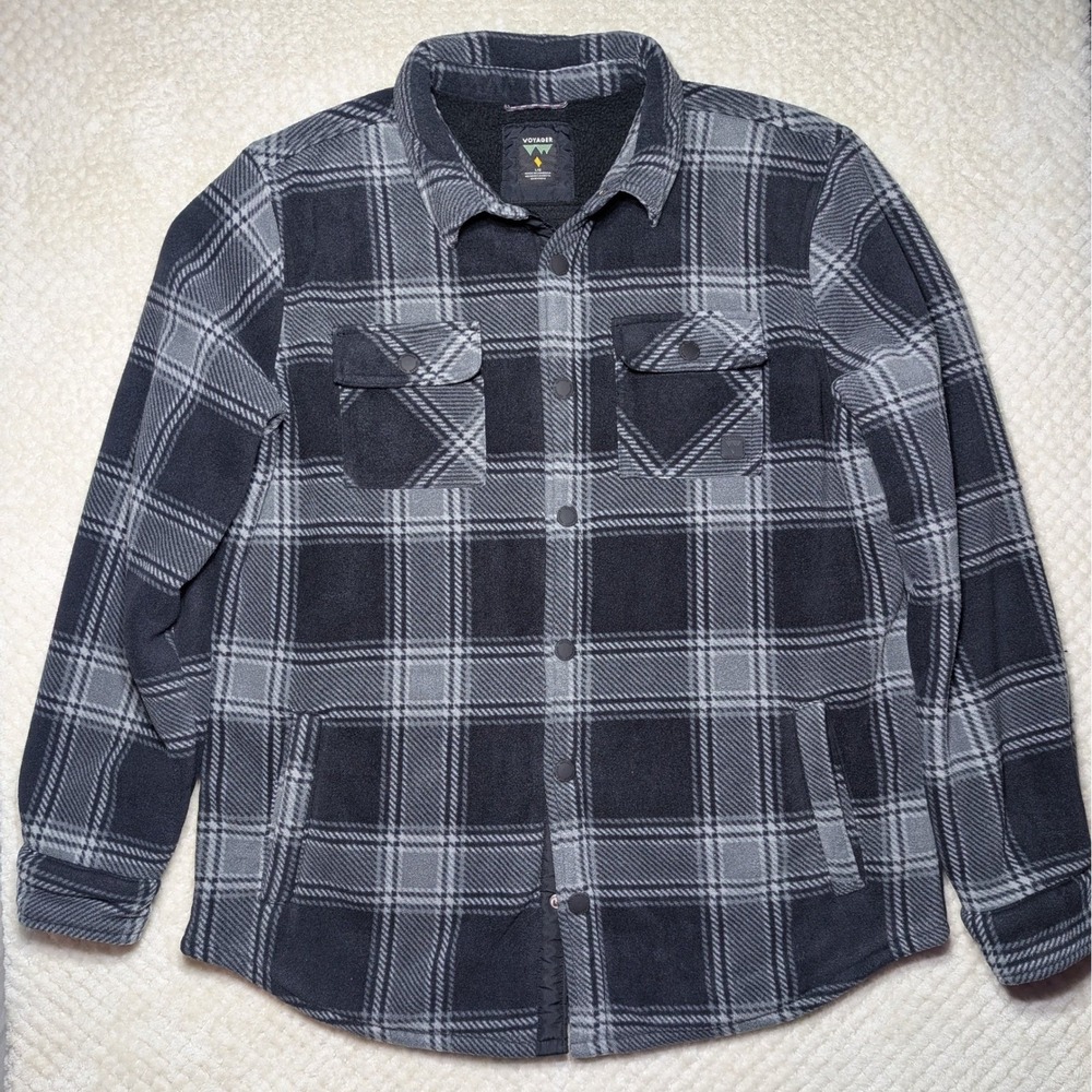 Voyager Sherpa Lined Flannel Jacket Mens L Gray Black Plaid Snap Front Workwear‎